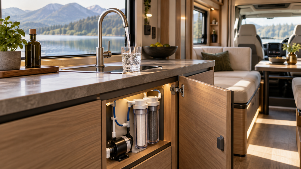 Premium camperkeuken met drinkwaterfilter en schoon water